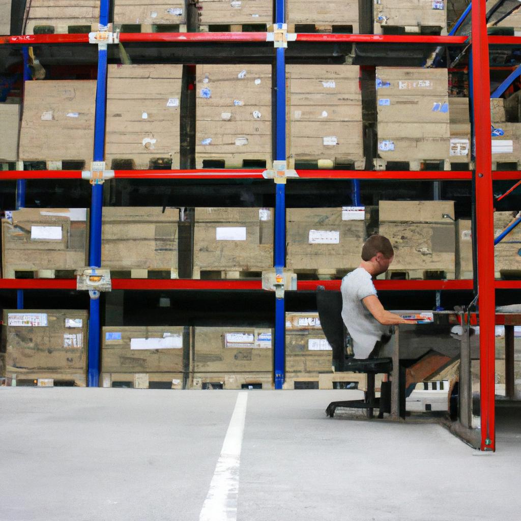 Person using computer in warehouse